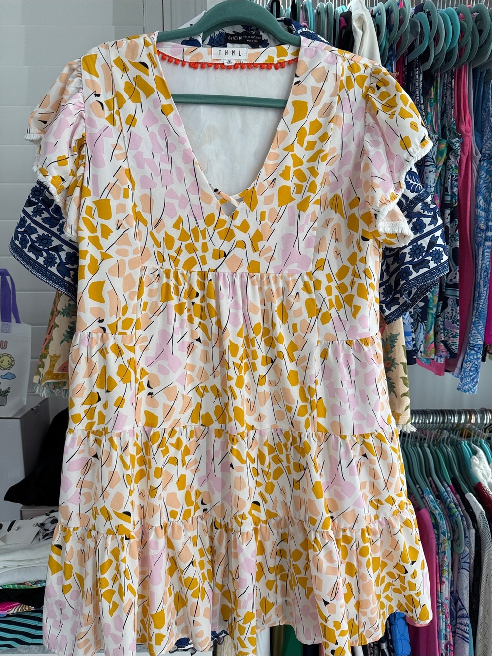THML Yellow and Pink Printed Tiered Lined Midi Dress